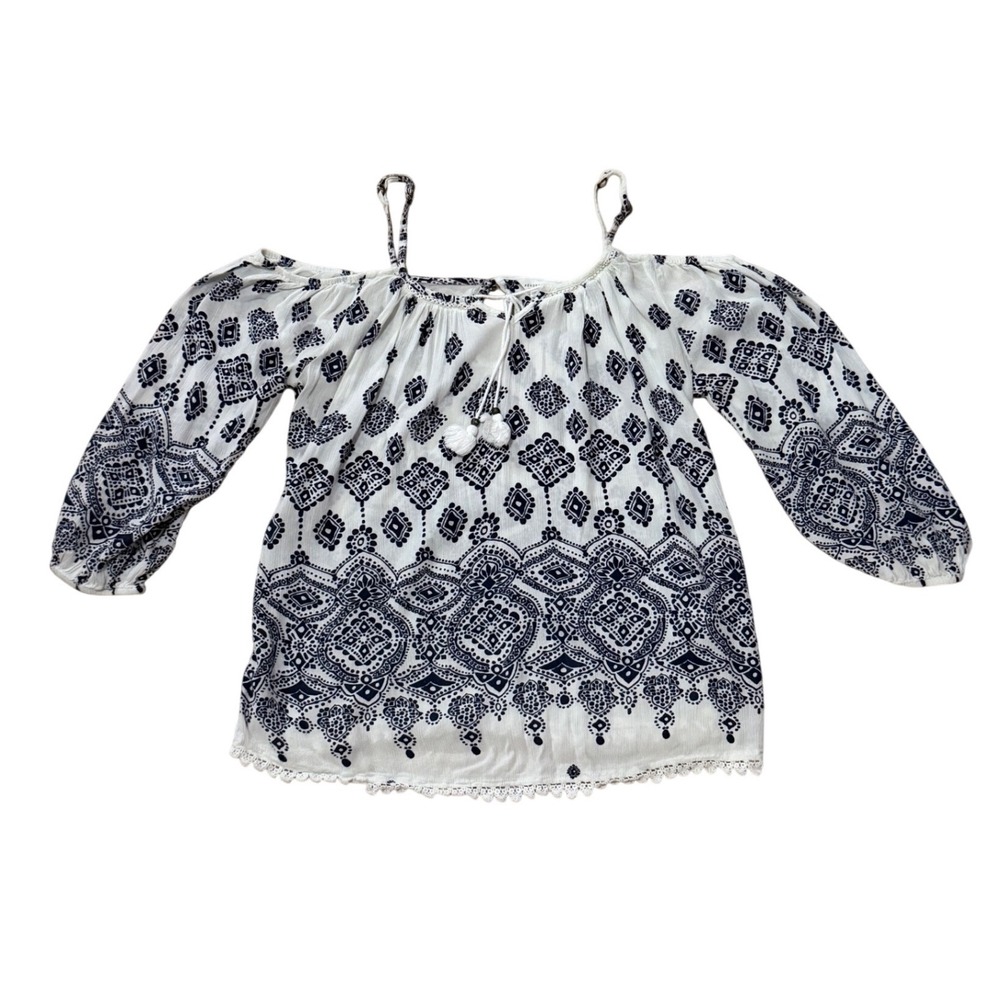 Aeropostale Women's Navy White Medallion Print Cold Shoulder Tassel Blouse Small